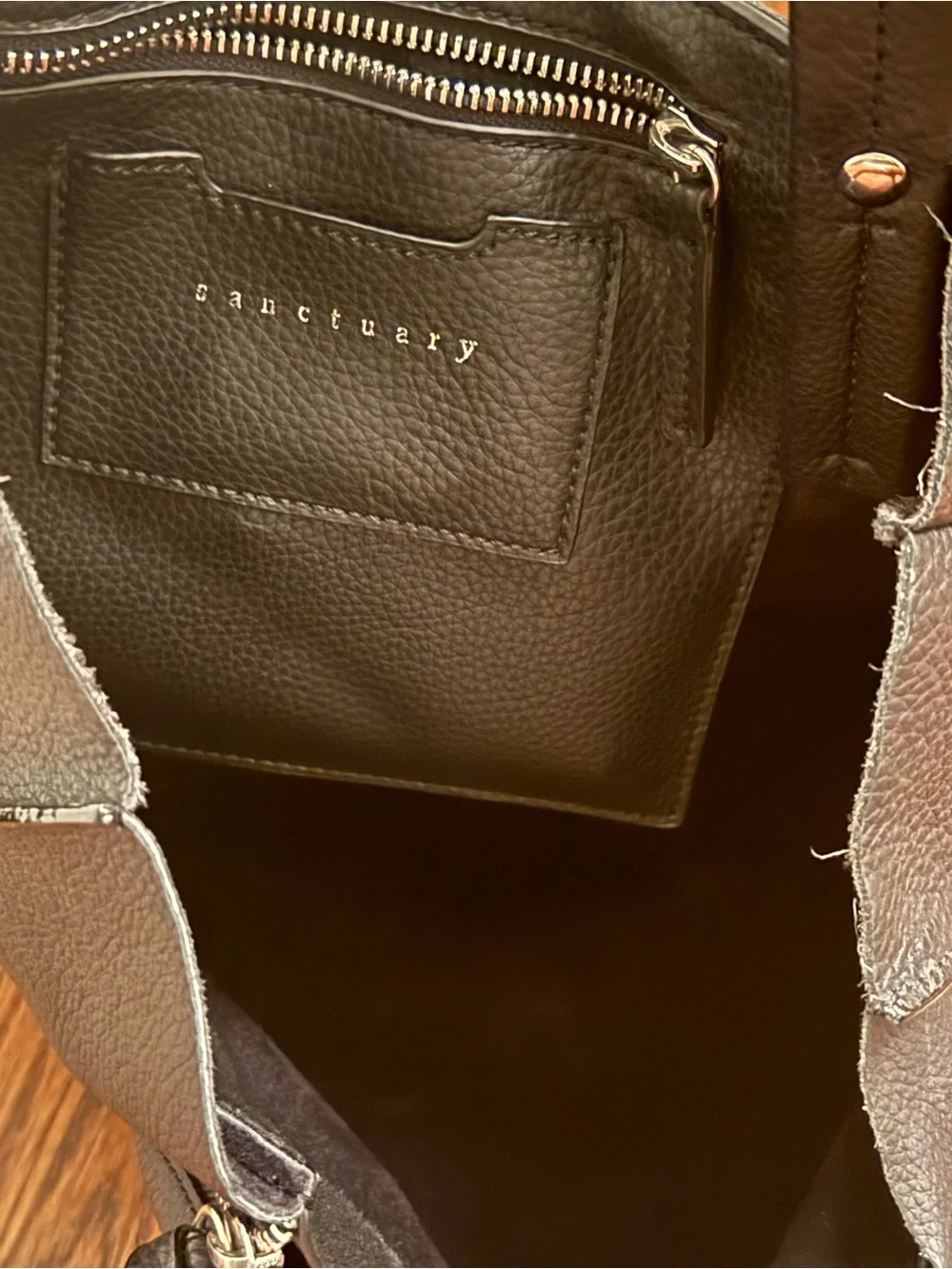 Sanctuary Classic Black Leather Tote Bag with Tassel Accent